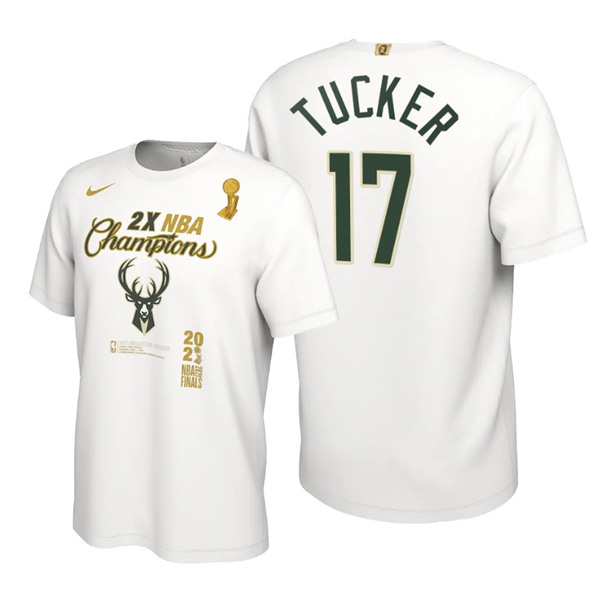 Men's Milwaukee Bucks #17 P.J. Tucker 2021 White Finals Champions Locker Room T-Shirt - Click Image to Close